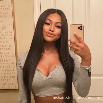 Brazilian black ladies real hair wig 28 inch straight hair 100% real human hair 13x4T partial pre-pulled mesh wig wholesaler